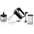 Bosch MFQ4980B, en svart og sølvfarget håndmikser med visper, deigkroker, stavmikserfot, minihakker og miksebeger